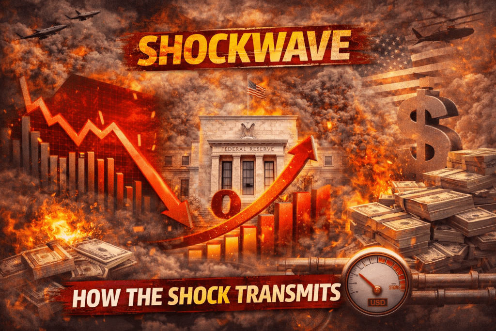 Fiery illustration showing falling stock markets, the Federal Reserve building, rising interest rate arrows, and a strong U.S. dollar symbol, depicting how economic shocks transmit through markets, rates, and currency strength.