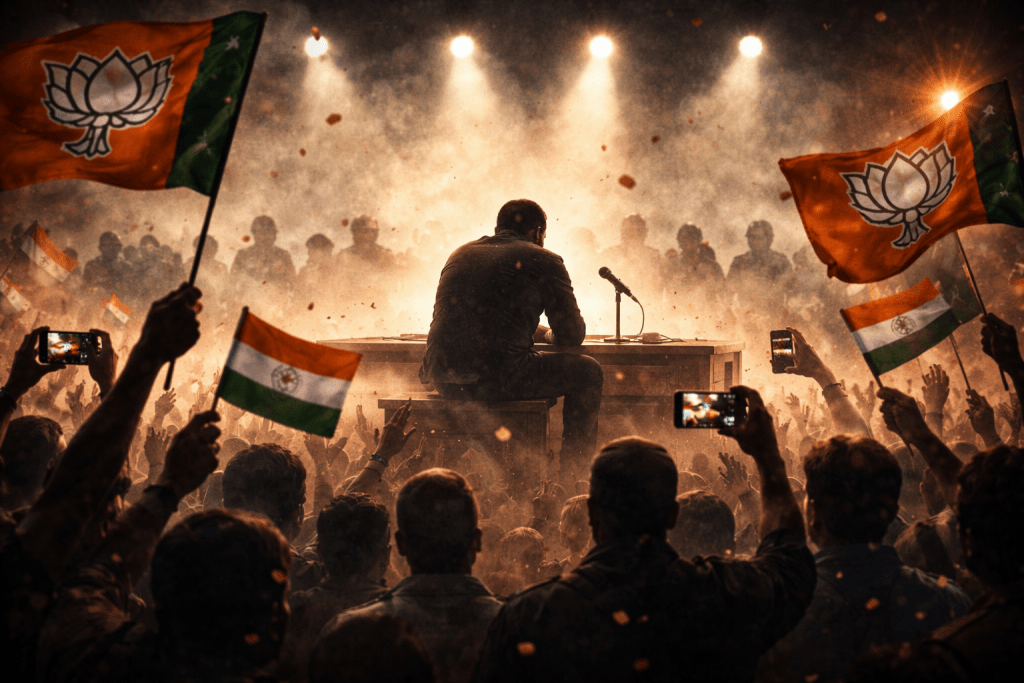 A lone speaker sitting at a desk facing a large crowd waving political flags under bright lights, symbolizing public pressure, political power, and the struggle for free speech in India