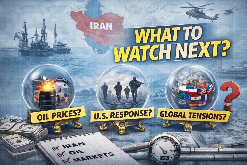 Clean, infographic-style illustration showing the Strait of Hormuz, oil rigs, U.S. military presence, and three spheres labeled oil prices, U.S. response, and global tensions, highlighting key factors to monitor in the ongoing crisis.