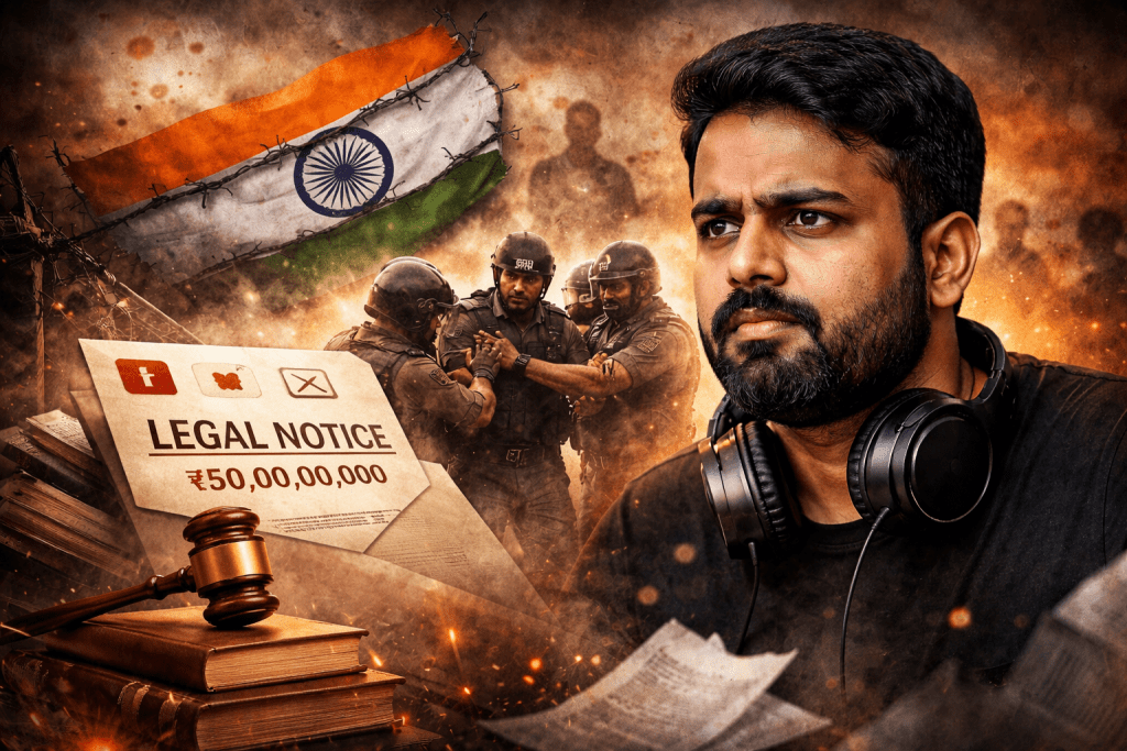 A content creator with headphones in the foreground, with police officers detaining a person, a legal notice symbol, and a distressed Indian flag in the background, representing legal pressure, controversy, and free speech concerns in India