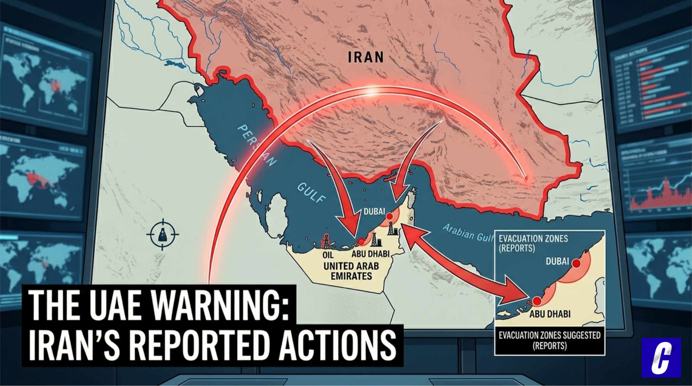 A close-up view of a strategic digital map showing the geography of Iran, the Persian Gulf, and the United Arab Emirates. Glowing red arcs represent potential missile trajectories or warnings directed at major UAE hubs like Dubai and Abu Dhabi. Side panels on the screen display "Evacuation Zones" and "Potential Scenarios" in a clean, modern infographic style.