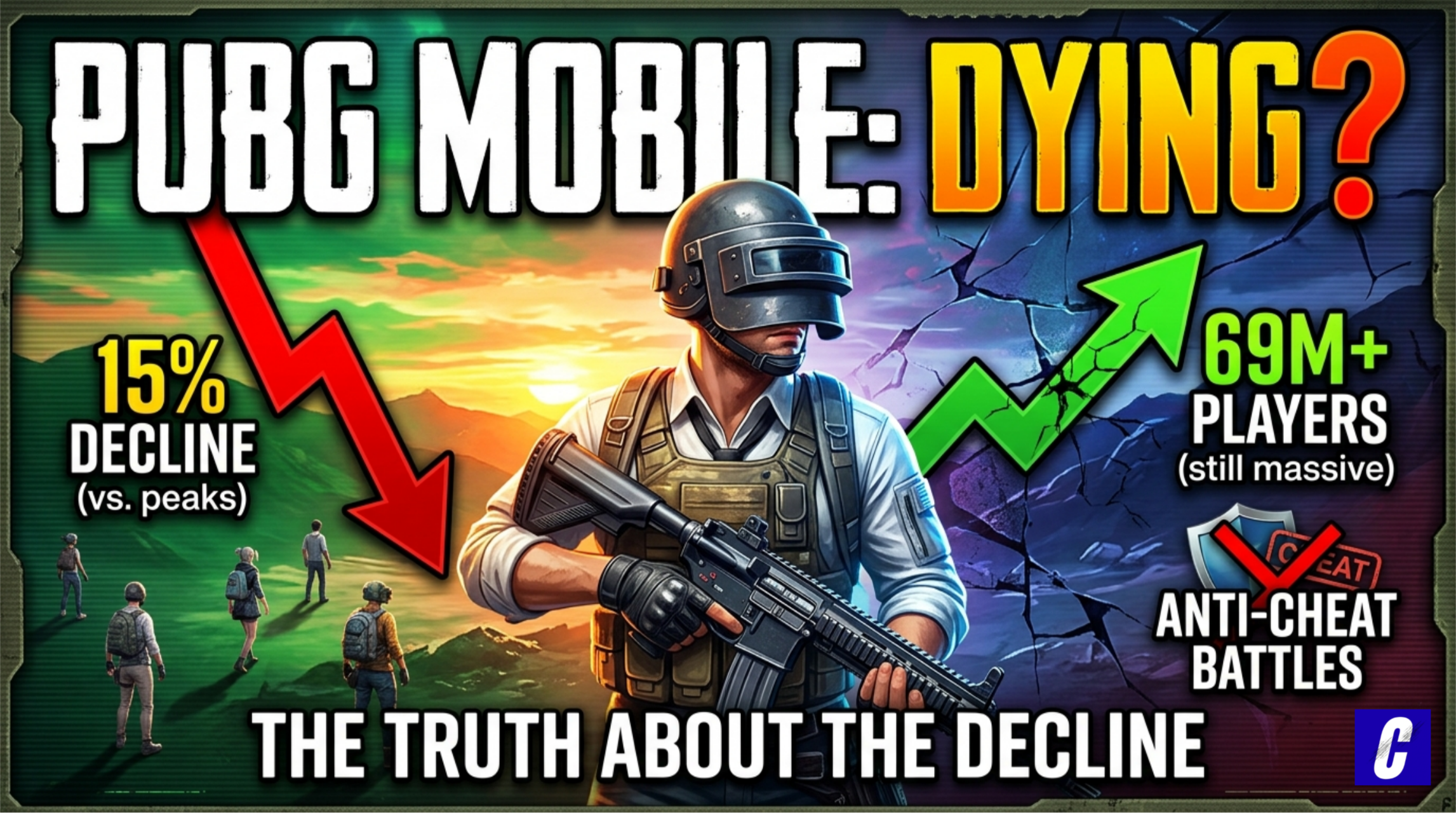 PUBG Mobile character in a level 3 helmet and tactical gear. To the left, a sharp red downward arrow points toward a group of retreating players with the text "15% DECLINE (vs. peaks)." To the right, a green upward arrow sits above the text "69M+ PLAYERS (still massive)." A shield icon with a red "X" represents "ANTI-CHEAT BATTLES." The central title reads: "PUBG MOBILE: DYING? THE TRUTH ABOUT THE DECLINE."
