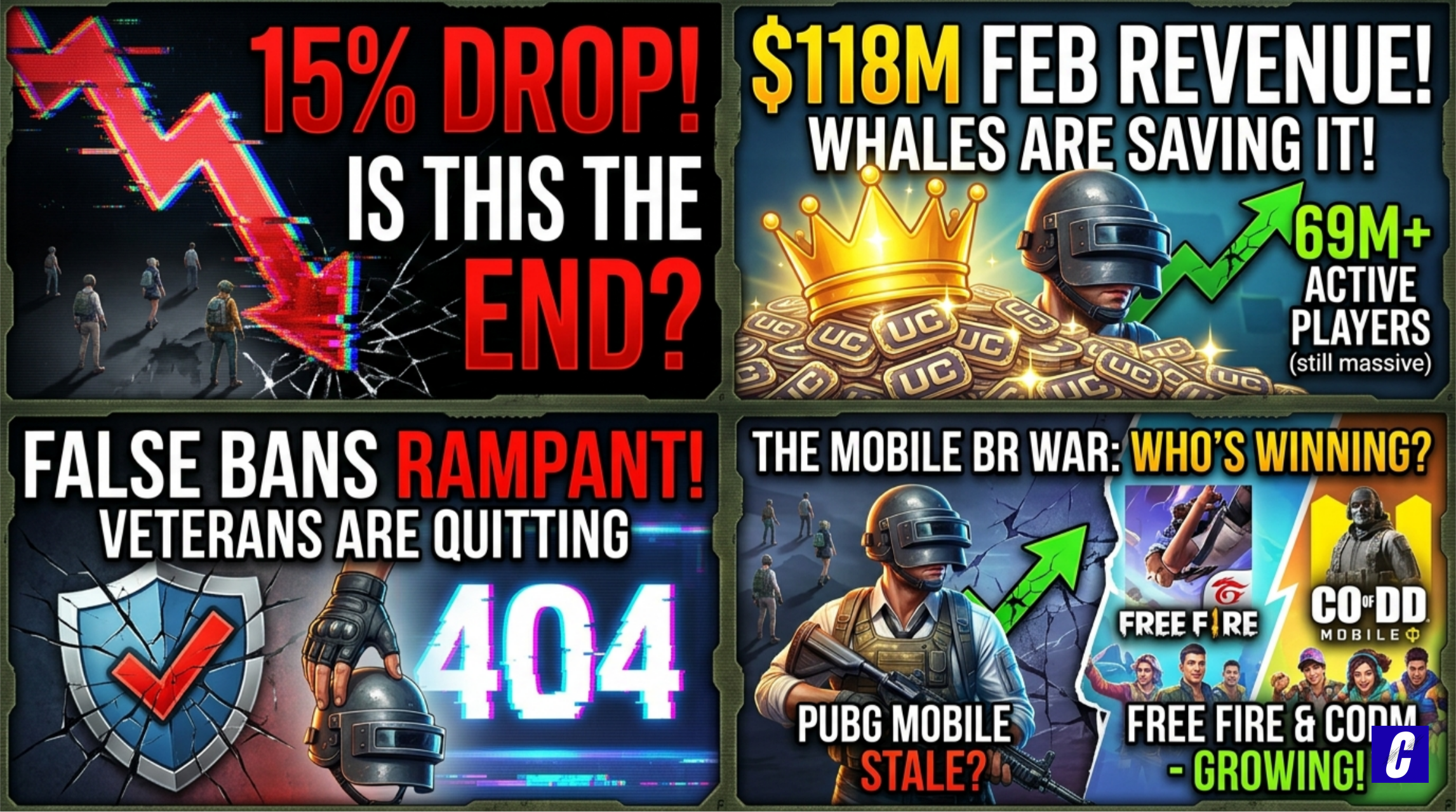 Top Left Panel: A dark, glitch-effect background featuring a jagged red downward arrow breaking through glass. Bold white and red text reads: "15% DROP! IS THIS THE END?"
​Top Right Panel: A celebratory image featuring a gold crown resting on a pile of UC (in-game currency) coins. A green arrow points up next to the text: "$118M FEB REVENUE! WHALES ARE SAVING IT!" and "69M+ ACTIVE PLAYERS."
​Bottom Left Panel: A dramatic scene showing a cracked riot shield and a player’s hand dropping a helmet. Digital "404" error text and a "check" icon appear next to the heading: "FALSE BANS RAMPANT! VETERANS ARE QUITTING."
​Bottom Right Panel: A split-screen comparison. On the left, a PUBG player with the text "PUBG MOBILE STALE?" On the right, logos and characters from Free Fire and Call of Duty Mobile with the text: "WHO’S WINNING? FREE FIRE & CODM - GROWING!"
