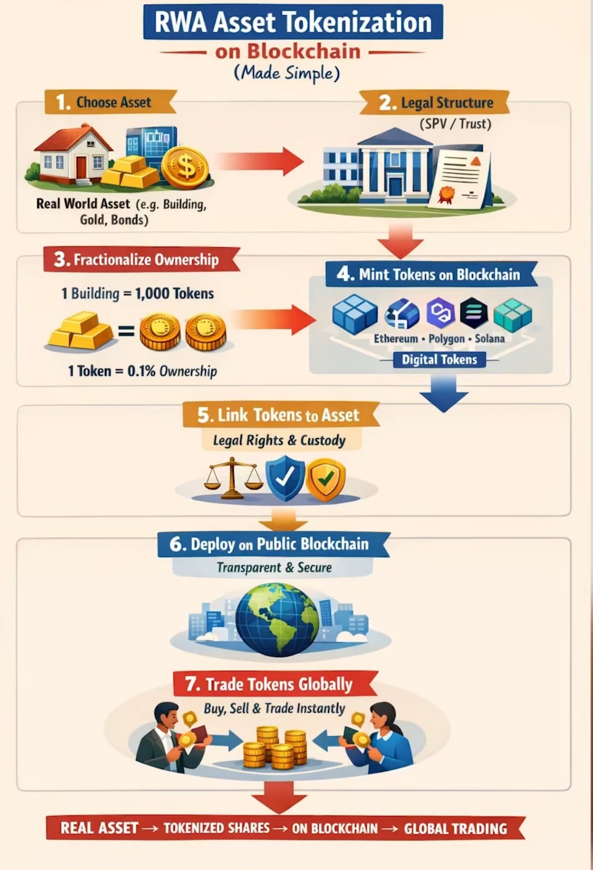 A seven-step infographic titled "RWA Asset Tokenization on Blockchain (Made Simple)". The steps are: 1. Choose Asset (Real World Assets like buildings or gold); 2. Legal Structure (SPV/Trust); 3. Fractionalize Ownership (e.g., 1 building equals 1,000 tokens); 4. Mint Tokens on Blockchain (listing Ethereum, Polygon, and Solana); 5. Link Tokens to Asset (Legal Rights & Custody); 6. Deploy on Public Blockchain; and 7. Trade Tokens Globally. The bottom banner summarizes the flow as: Real Asset to Tokenized Shares to On Blockchain to Global Trading.