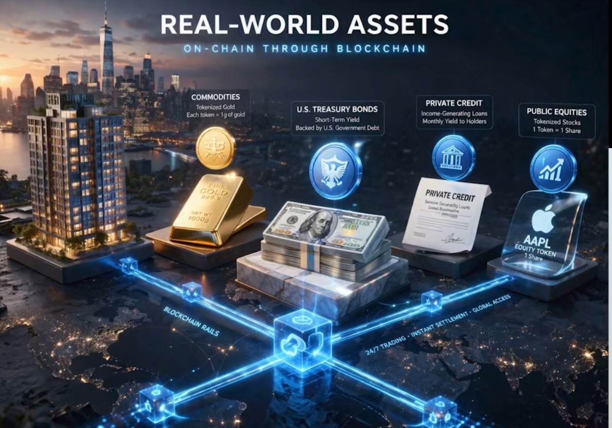 A digital graphic illustrating different types of real-world assets (RWAs) being integrated into blockchain rails. The image features a city skyline background with glowing blue nodes and connections representing a global network. Four key asset categories are showcased:
Commodities: Featuring gold bars, where each token equals 1g of gold.
U.S. Treasury Bonds: Represented by stacks of cash and a short-term yield backed by government debt.
Private Credit: Showing income-generating loans with monthly yields to holders.
Public Equities: Featuring an Apple (AAPL) equity token, where 1 token equals 1 share.
The graphic highlights benefits such as 24/7 trading, instant settlement, and global access.
