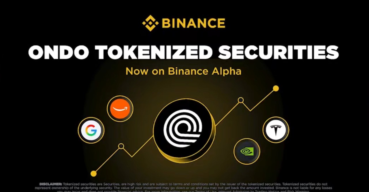 A promotional graphic from Binance announcing that "Ondo Tokenized Securities" are now available on the Binance Alpha platform. The image features the Ondo Finance logo at the center of a rising line graph. Surrounding the graph are icons for several major tech companies, indicating their availability as tokenized assets:
Google
Amazon
NVIDIA
Tesla
A disclaimer at the bottom of the image notes that tokenized securities are high-risk, do not represent direct ownership of the underlying security, and that investors may not get back the full amount invested.