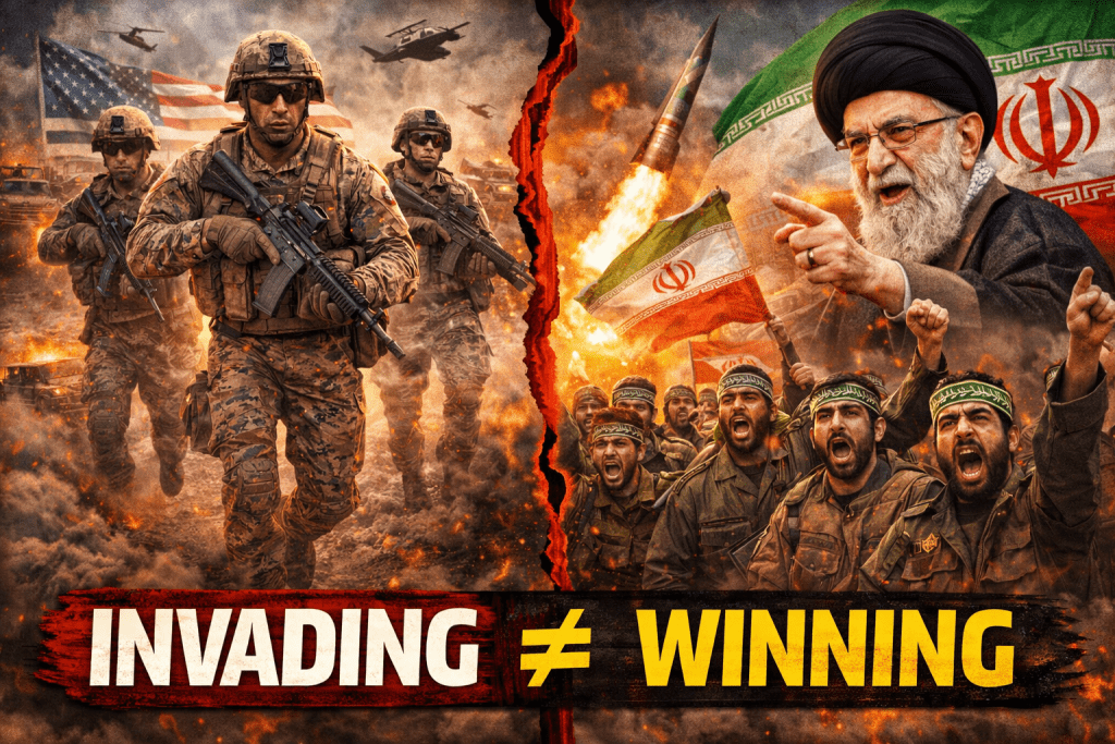 Split-image illustration showing U.S. soldiers advancing through a war zone on one side and Iranian forces with missiles and national flags on the other, symbolizing resistance; bold text reads “Invading ≠ Winning.”