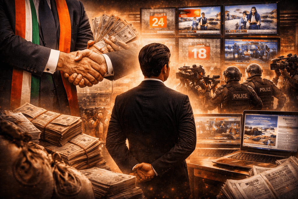 A businessman observing multiple news screens while a handshake exchanging money, stacks of cash, journalists, and police in the background symbolize media influence, political connections, and control over information in India