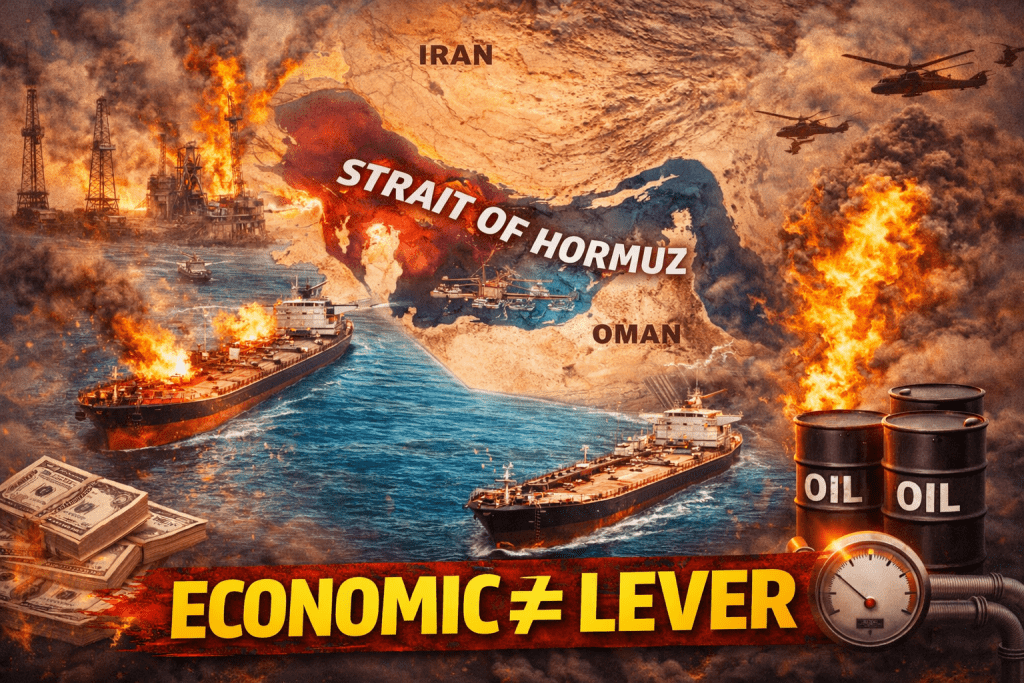 Dramatic illustration of the Strait of Hormuz showing oil tankers navigating through conflict, explosions, and military presence, with oil barrels and cash symbolizing global energy supply and economic power.