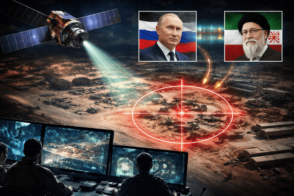 A satellite scans a military base from space while analysts monitor screens below, with visual elements representing Russia and Iran, illustrating reports of shared intelligence and rising geopolitical tensions.