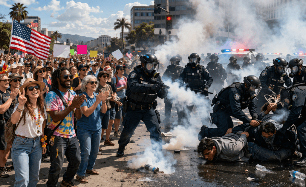 A large protest crowd gathers peacefully on a city street while nearby police in riot gear deploy tear gas and detain individuals, illustrating the contrast between mostly peaceful demonstrations and isolated clashes.