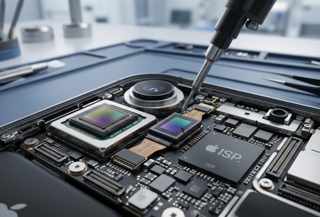Macro view of a disassembled smartphone on a repair mat, highlighting the installation of an iPhone camera sensor and the internal ISP chip.
