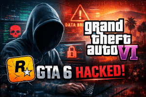 A dramatic thumbnail showing a hooded hacker working on a laptop with red warning symbols and code in the background, alongside the Grand Theft Auto VI logo and a city skyline, with bold text reading “GTA 6 HACKED!” indicating a cyberattack theme, Rockstar Games data breach locked folder graphic