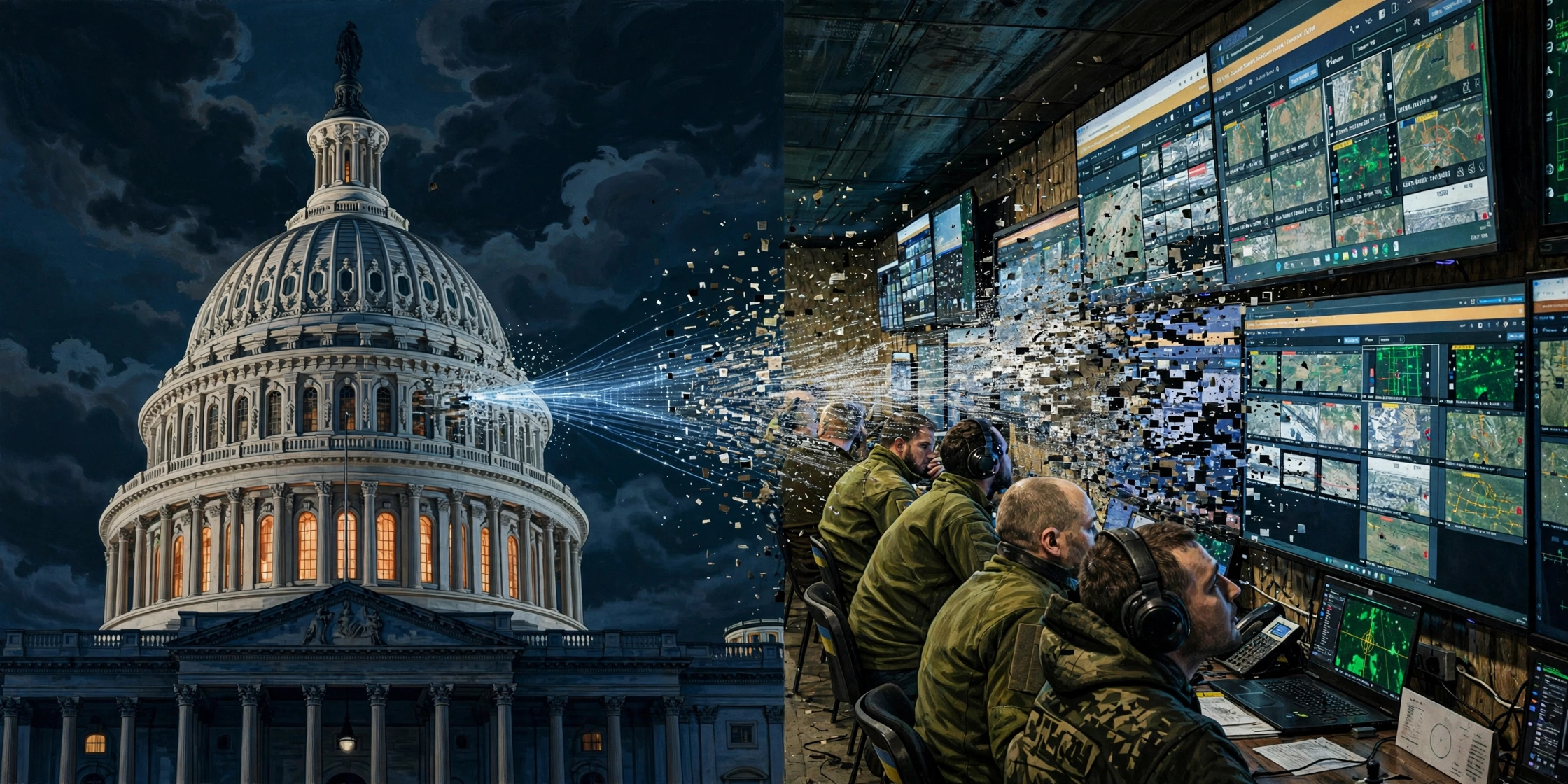 US Capitol and Ukrainian drone operations room connected by a fraying satellite signal
